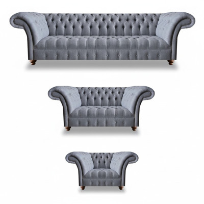 Light gray Chesterfield upholstered suite designer textile sofas armchair 3-piece set.