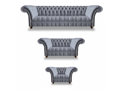Light gray Chesterfield upholstered suite designer textile sofas armchair 3-piece set.