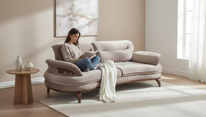 Modern gray three-seater sofa for living room