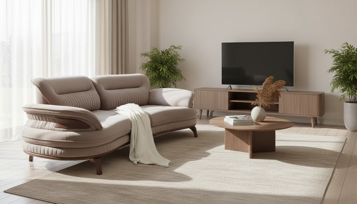 Modern gray three-seater sofa for living room