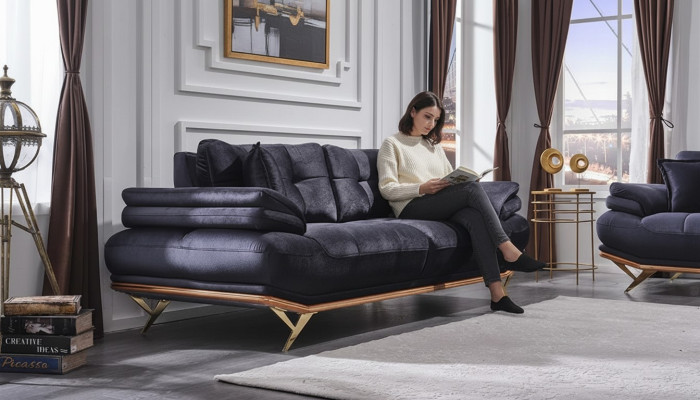 Three-seater sofa for living room in gray fabric, luxurious upholstered furniture