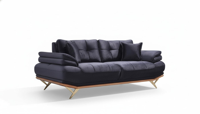 Three-seater sofa for living room in gray fabric, luxurious upholstered furniture