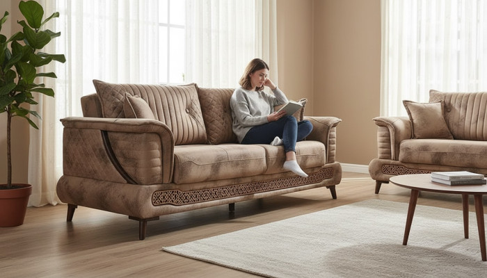 Luxury three-seater fabric sofa for living room with modern design