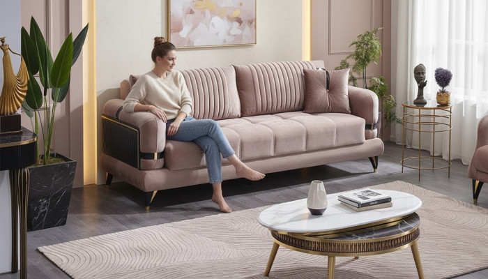 Modern 3-seater beige fabric sofa for luxury living room upholstered furniture