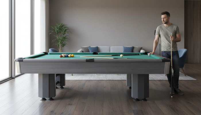 Modern gray wood and aluminum pool table