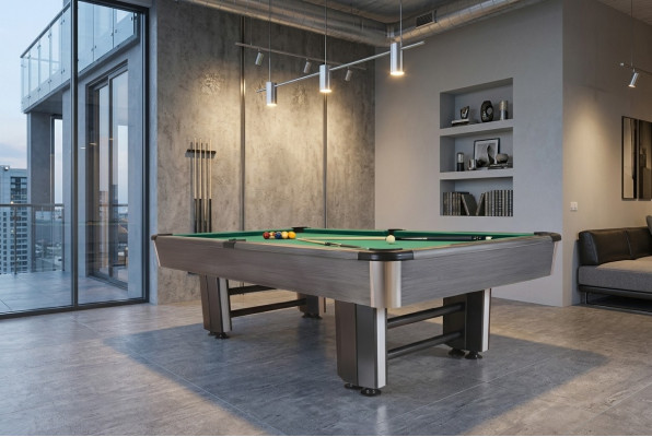 Modern gray wood and aluminum pool table