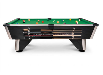 Black wooden billiard table with aluminum frame and LED lighting