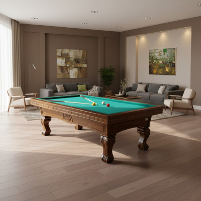 Brown solid wood billiard table with hand-carved legs