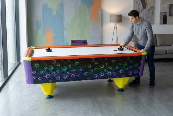 Modern air hockey table in multicolored plastic and aluminum