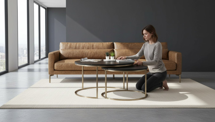 Coffee tables 2-piece top and bottom brass metal legs high-quality living room