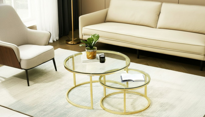  Couchtische 2 Teile Glas Tischplatte Metall goldfarbene Beine Wohnzimmermöbel