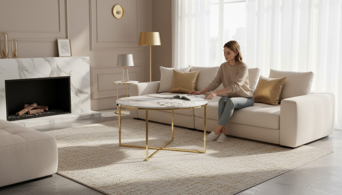 Modern coffee table, living room furniture, minimalist metal tabletop, beige, new.