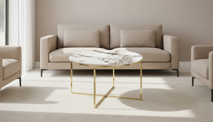 Modern coffee table, living room furniture, minimalist metal tabletop, beige, new.