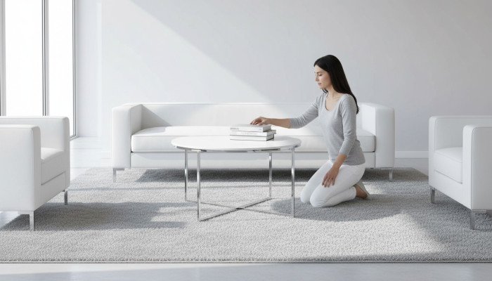 Luxurious white coffee table with legs made of white metal, silver-colored, living room, new