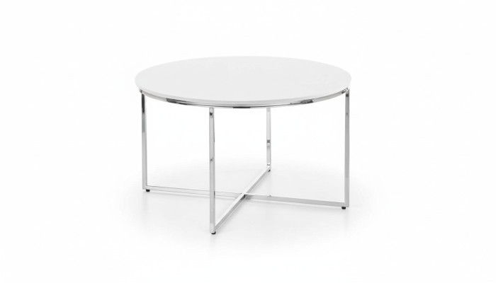 Luxurious white coffee table with legs made of white metal, silver-colored, living room, new