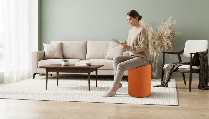 Orange-colored stool, new high-quality stool, textile, chipboard.