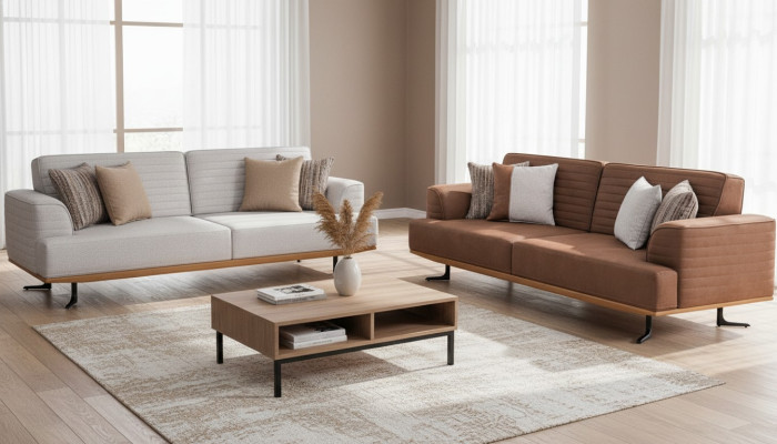 Modern three-seater sofa set in brown and gray color for the living room
