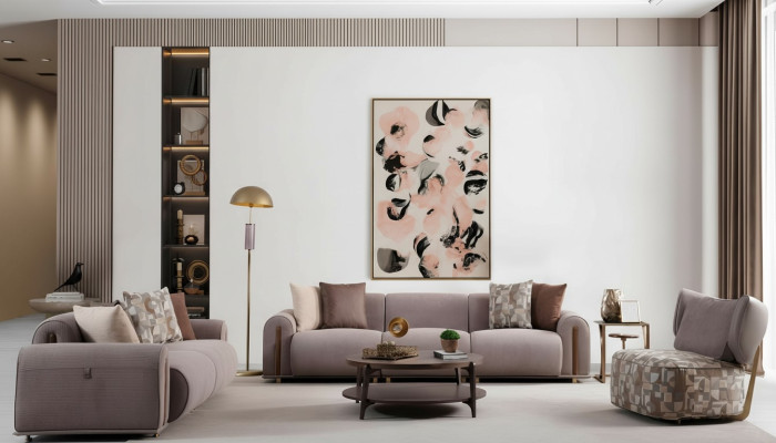 Gray living room seating ensemble, modern four-seater, noble three-seater armchair