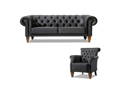 Black Chesterfield Seating Set Leather Sofa Modern Single Seater 2-Piece Set