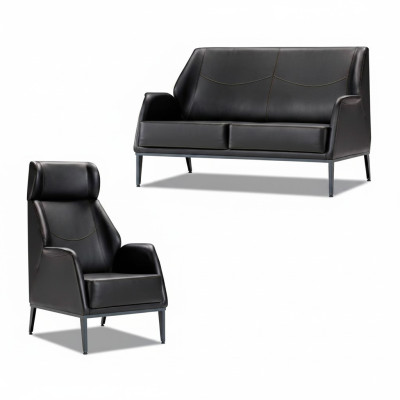 Black leather suite modern two-seater upholstered armchair furniture 2-piece set