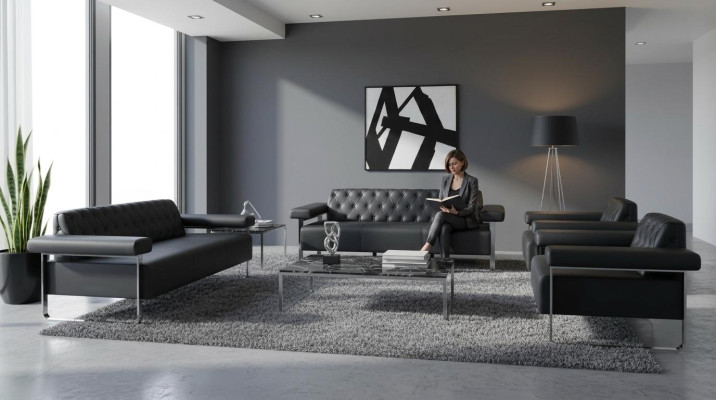 Complete Black Solid Color Sofa 4-Piece Set 3-Seater 2-Seater Modern Style