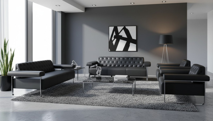 Complete Black Solid Color Sofa 4-Piece Set 3-Seater 2-Seater Modern Style