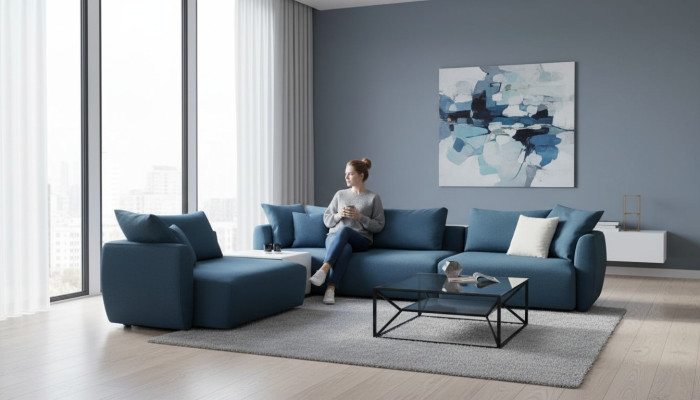 Luxurious modern blue L-shaped corner sofa for the living room