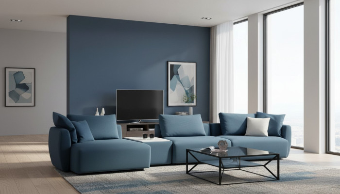Luxurious modern blue L-shaped corner sofa for the living room