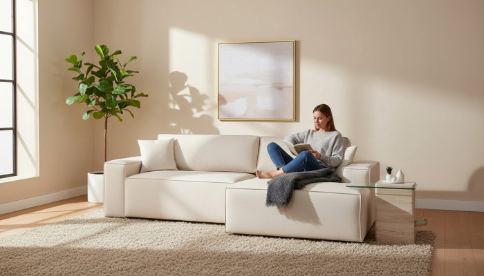 White fabric corner sofa style L for living room