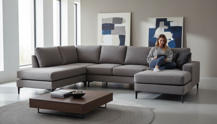 Modern gray design sofa for living room U-shaped fabric sofa