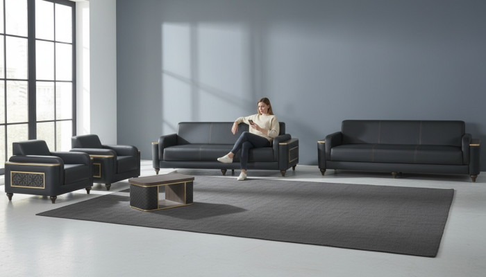 Black living room seating set designer three-seater armchair coffee table