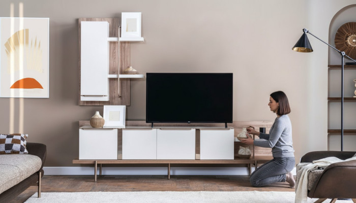Stylish White Light Brown Living Room Set RTV Shelf Wooden Lowboard