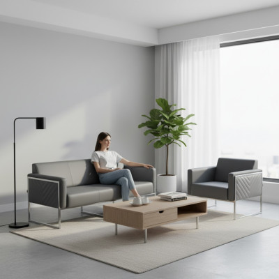 Office Set 2-piece 3-Seater with Armchair Gray Solid Modern Design