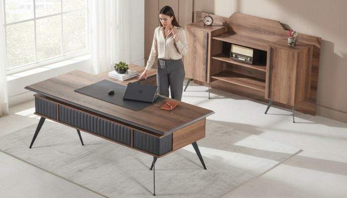 Office room set, 2-piece desk sideboard storage space, brown, single color