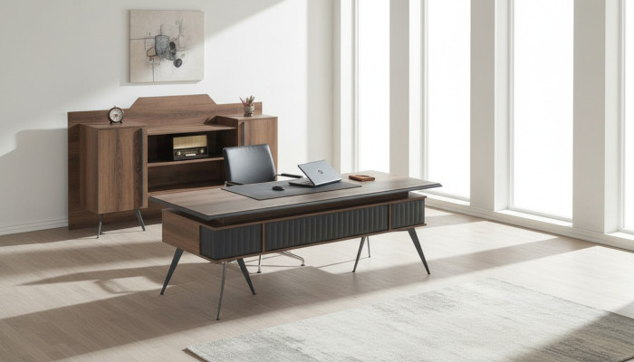 Office room set, 2-piece desk sideboard storage space, brown, single color
