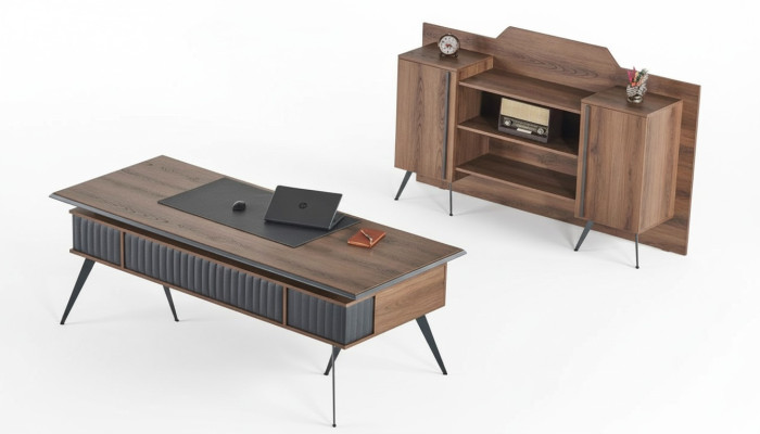 Office room set, 2-piece desk sideboard storage space, brown, single color