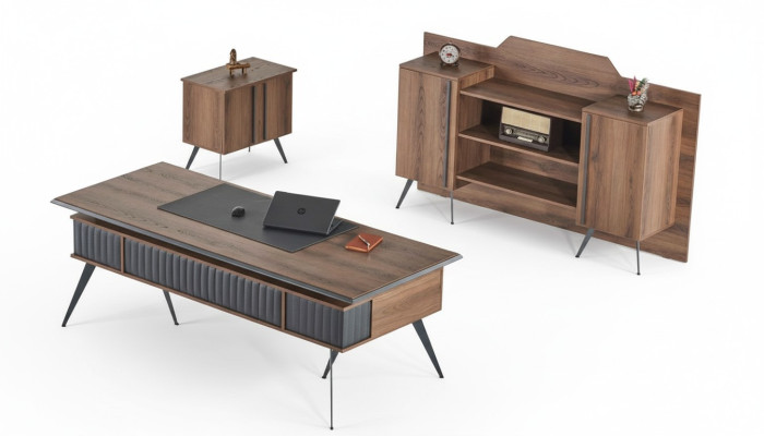 Office room set 3-piece desk sideboard chest of drawers brown gray two-tone