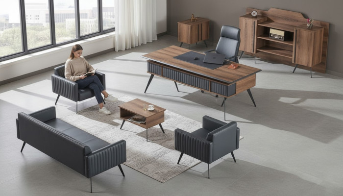 Gray-Brown Stylish Study Room Seating Furniture Storage Table Sideboard 7 Pieces