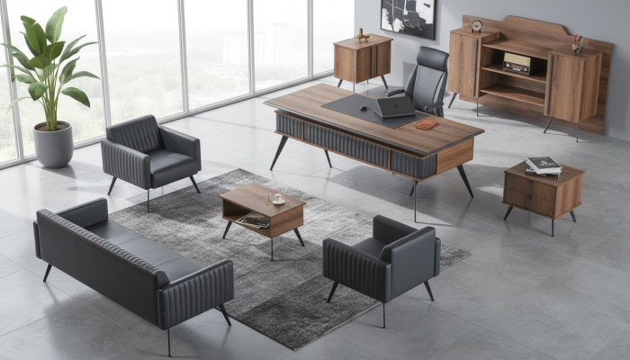 Gray-Brown Stylish Study Room Seating Furniture Storage Table Sideboard 7 Pieces