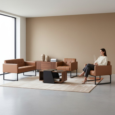 Study Room Set Brown 4-Piece 2-Seater 2x Armchair Coffee Table Solid Color Style