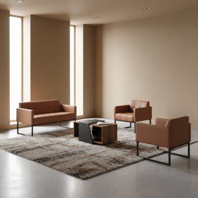Study Room Set Brown 4-Piece 2-Seater 2x Armchair Coffee Table Solid Color Style