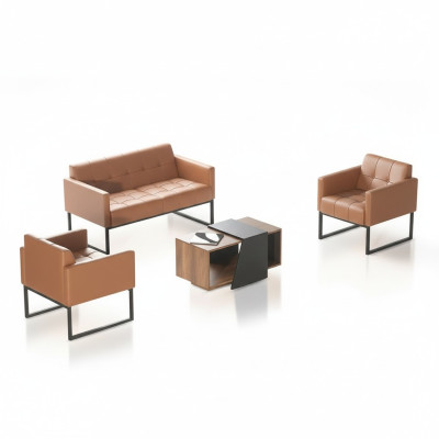 Study Room Set Brown 4-Piece 2-Seater 2x Armchair Coffee Table Solid Color Style