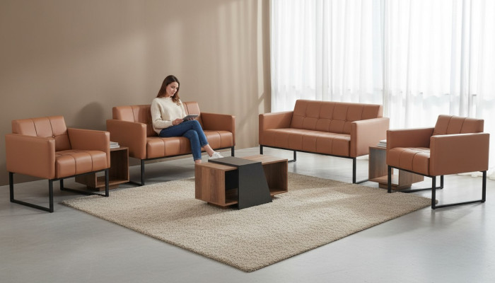 Office room set, 5 pieces, brown, 2x 2-seater, 2x armchairs, coffee table, gray style