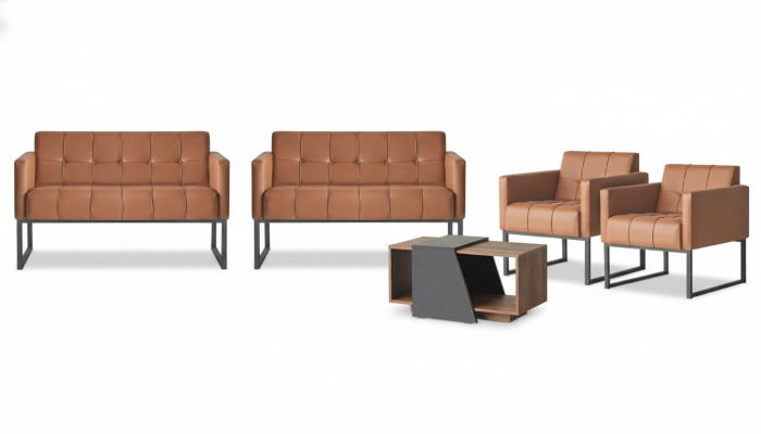 Office room set, 5 pieces, brown, 2x 2-seater, 2x armchairs, coffee table, gray style