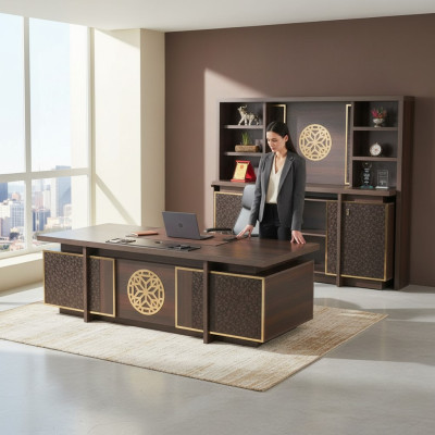 Study Room Set 3-piece Office Desk Sideboard Bookshelf Brown Monochrome
