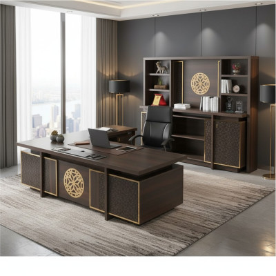 Study Room Set 3-piece Office Desk Sideboard Bookshelf Brown Monochrome