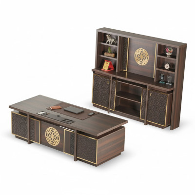 Study Room Set 3-piece Office Desk Sideboard Bookshelf Brown Monochrome