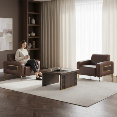 Study Room Set 3-piece 2x Armchairs Coffee Table Brown Solid Color Living Room
