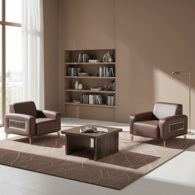 Study Room Set 3-piece 2x Armchairs Coffee Table Brown Solid Color Living Room