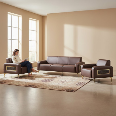 Office set 3-piece 3-seater with 2x armchairs brown solid color living room